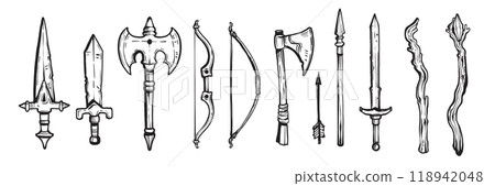 RPG weapon icon set, vector fantasy game sword collection, dungeon dragon battle attack object kit.  118942048