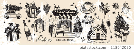 Christmas doodle set, celebration pine tree, winter holiday New Year sketch, cozy fireplace, branch. 118942050