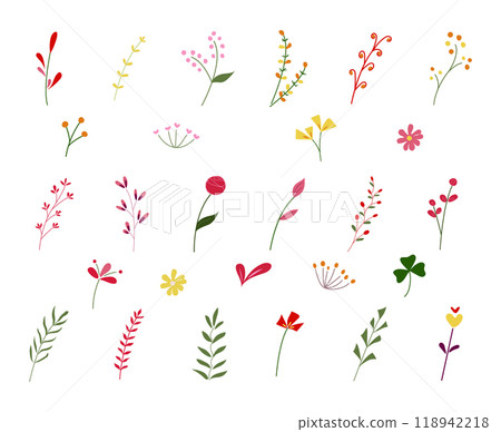 A set of colorful plant icons.  Featuring various types of plants, and flowers in a simple, flat style on a white background. 118942218