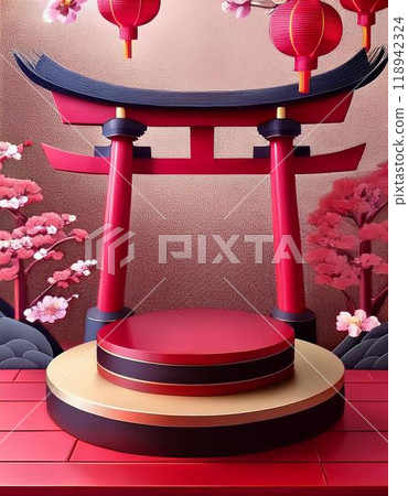 japanese red gate with 3d podium and sakura 118942324