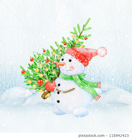 Funny snowman with decorated fir tree on a snowy ground during snowfall. Painted vintage style illustration. Smiling snowman holding decorated fir tree. Traditional winter season decoration Funny snowman with decorated fir tree on a snowy ground during snowfall. Painted vintage style illustration. Smiling snowman holding decorated fir tree. Traditional winter season decoration 118942423