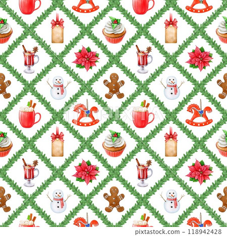 Christmas time festive decor elements seamless pattern. Hand drawn snowman, fir tree, mulled wine, winter sweets, treats. Winter season vintage style decoration seamless pattern on white background 118942428