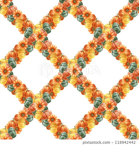 Pumpkin autumn mood seamless pattern in warm colors. Watercolor painted illustration. Hand drawn different autumn ripe pumpkins decoration. Thanksgiving collection seamless ornament element Pumpkin autumn mood seamless pattern in warm colors. Watercolor painted illustration. Hand drawn different autumn ripe pumpkins decoration. Thanksgiving collection seamless ornament element 118942442