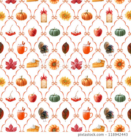 Thanksgiving decor traditional elements in warm colors seamless pattern. Vintage style illustration. Orange pumpkins, turkey bird, autumn harvest gifts. Elegant Thanksgiving seamless pattern design 118942443