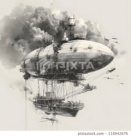 Intricate black and white video of a majestic airship sailing above calm waters under a cloudy sky 118942676