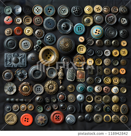 Collection of vintage buttons displayed on a dark background showcasing various styles, shapes, and vibrant colors perfect for crafting projects 118942842