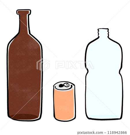 Illustrations of empty bottles, cans, and plastic bottles 118942866