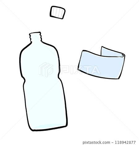 從塑膠瓶上取下標籤和瓶蓋的圖示 從塑膠瓶上取下標籤和瓶蓋的圖示 118942877