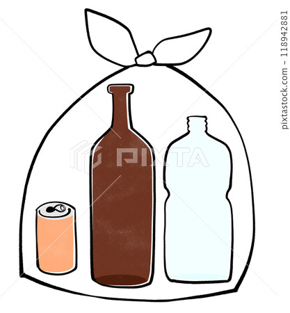 空罐頭、玻璃瓶和塑膠瓶一起放入垃圾袋的插圖 118942881