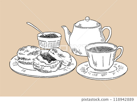 茶和烤餅鋼筆畫 茶和烤餅鋼筆畫 118942889