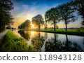 A Beautiful Serene Sunset Reflection on the Calm Waters, Elegantly Surrounded by Trees 118943128