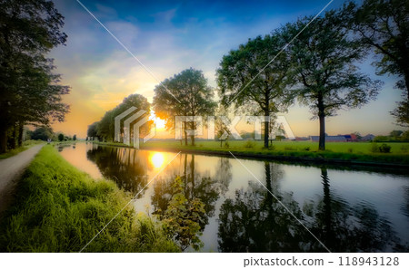A Beautiful Serene Sunset Reflection on the Calm Waters, Elegantly Surrounded by Trees A Beautiful Serene Sunset Reflection on the Calm Waters, Elegantly Surrounded by Trees 118943128