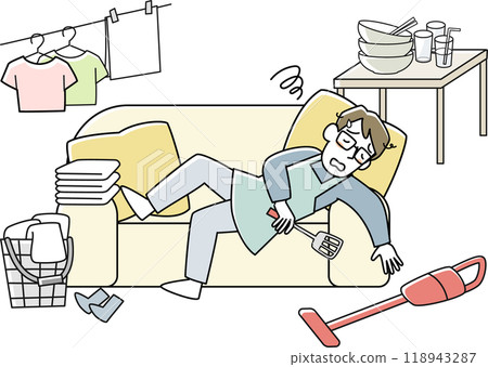 A man who collapses on the sofa tired from housework 118943287