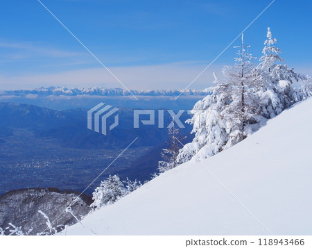 The frost-covered trees of Mount Eboshi in the Asama Mountain Range and a distant view of the Northern Alps 118943466