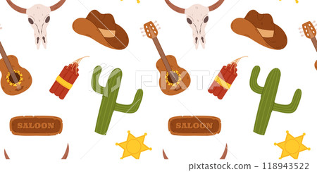 Seamless pattern western elements cowboy hats, cacti, guitars, bull skulls, dynamite sticks, and sheriff badges. Design is perfect for use in textiles, wallpapers, and other Wild West theme Seamless pattern western elements cowboy hats, cacti, guitars, bull skulls, dynamite sticks, and sheriff badges. Design is perfect for use in textiles, wallpapers, and other Wild West theme 118943522
