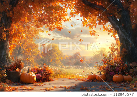 Beautiful autumn scene with falling leaves, pumpkins, and a golden sunset. Perfect for a Thanksgiving or fall setting. 118943577