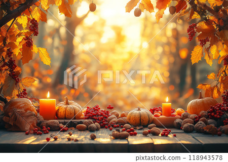 Autumn scene with pumpkins, candles, walnuts, and red berries on a wooden table, surrounded by golden fall leaves. 118943578