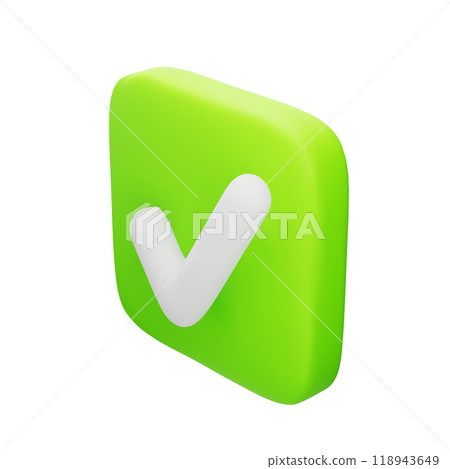 Cute 3d cartoon white check mark on green button isolated on white background. Confirmation or completed task symbol. Data verification or validation for app interfaces, web. 3d vector illustration. 118943649