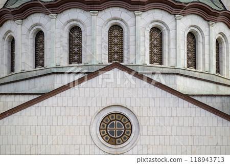 Facade of Saint Sava church, one of the biggest Orthodox Christian churches in the world in Belgrade, Serbia 118943713