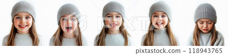 five portraits of the same little girl with different emotions - smiling, screaming, sticking out her tongue, happy and sad 118943765