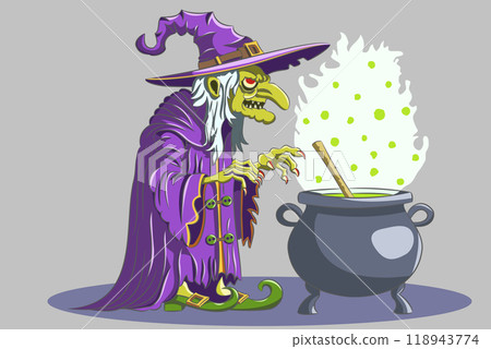 An old witch casting a spell in a hat and cloak over a cauldron An old witch casting a spell in a hat and cloak over a cauldron 118943774