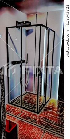 Glass shower cabin. Demonstration shower cabin without a tray. Square shape with a large round shower. 118943822