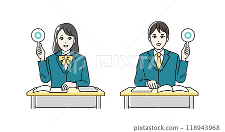 Illustration of male and female high school students giving a round or cross card Illustration of male and female high school students giving a round or cross card 118943968