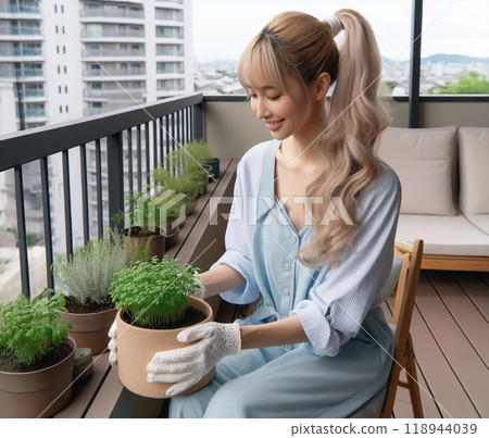 一位女士在陽台上享受她的菜園 118944039