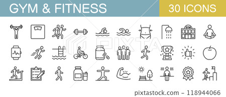 與健身房、健身和肌肉訓練相關的圖標集 118944066