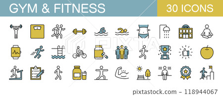 Gym, fitness and muscle training icon set color Gym, fitness and muscle training icon set color 118944067