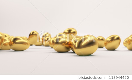 Golden Easter eggs scattered across smooth white surface Golden Easter eggs scattered across smooth white surface 118944430