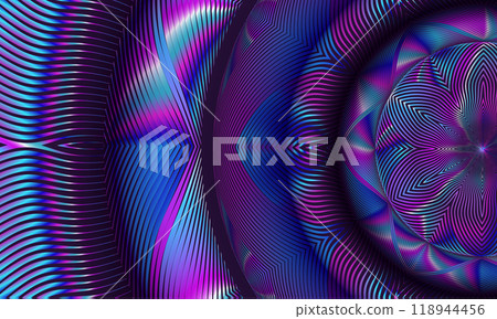 Abstract background featuring a curved, striped pattern in shades of blue and purple. 118944456