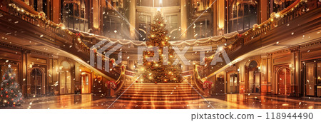 The hotels Christmas atmosphere, with an elegant tree as the centerpiece, lavish decorations, and bright lights, offers a stylish and welcoming space for holiday celebrations, banner 118944490