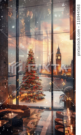 Contemporary hotel lobby adorned with festive decorations, full-wall windows framing snowfall over London streets and a grand Christmas tree 118944568