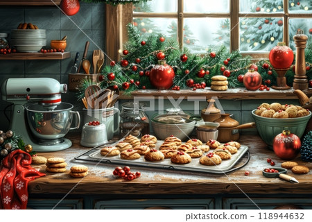 A cozy kitchen scene featuring a tray of freshly baked Christmas cookies cooling on a rack, surrounded by baking supplies, cookie cutters, and cheerful holiday decorations A cozy kitchen scene featuring a tray of freshly baked Christmas cookies cooling on a rack, surrounded by baking supplies, cookie cutters, and cheerful holiday decorations 118944632