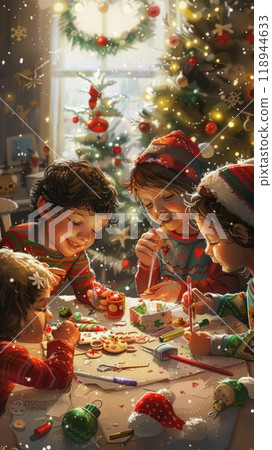 Kids are excitedly crafting handmade Christmas ornaments at a table filled with colorful supplies, creating a joyful and cozy holiday scene 118944633