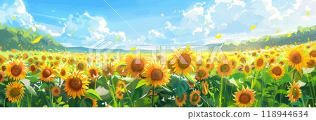 The expansive field of sunflowers blooms under a clear sky, creating an uplifting scene filled with optimism and the peaceful energy of nature, banner The expansive field of sunflowers blooms under a clear sky, creating an uplifting scene filled with optimism and the peaceful energy of nature, banner 118944634