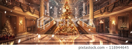 The hotels Christmas atmosphere, with an elegant tree as the centerpiece, lavish decorations, and bright lights, offers a stylish and welcoming space for holiday celebrations, banner 118944645