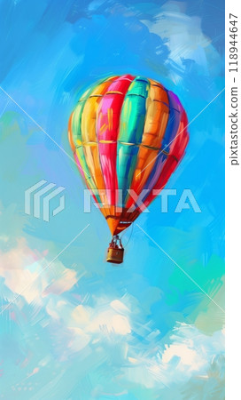 The colorful hot air balloon glides smoothly through the blue sky, creating a peaceful and scenic outdoor experience with a panoramic view, optimism concept The colorful hot air balloon glides smoothly through the blue sky, creating a peaceful and scenic outdoor experience with a panoramic view, optimism concept 118944647