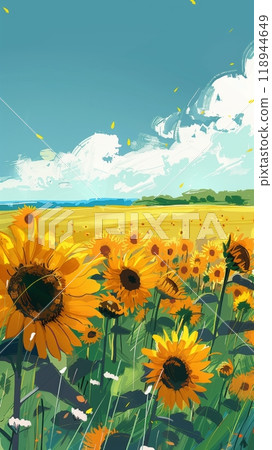 Sunflowers stretch towards the sky in this bright and cheerful landscape, representing hope and growth, with their golden petals glowing under the sunlight 118944649