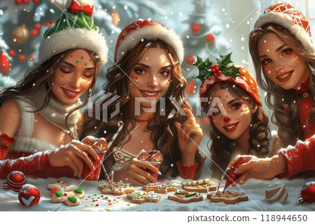 A cute Christmas cookie decorating party with friends, featuring a table covered in frosted cookies, sprinkles, and piping bags, as everyone smiles and enjoys the festive activity 118944650