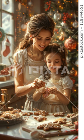Mother and daughter are joyfully baking gingerbread cookies with festive cookie cutters in a cozy, Christmas-decorated kitchen filled with warmth and cheer 118944651