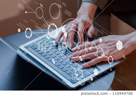 Business and network, cloud, digital transformation, IT, businesswoman typing on computer 118944786