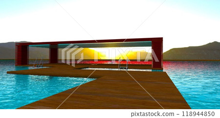 An empty wooden patio against a mountain sunset in a fenced-off section of a clear lake. A pedestrian walkway over the water. 3D rendering. An empty wooden patio against a mountain sunset in a fenced-off section of a clear lake. A pedestrian walkway over the water. 3D rendering. 118944850