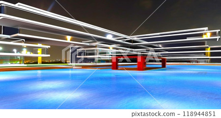 An empty wooden patio at the center of a blue pool in the courtyard of an advanced countryside entertainment complex. 3D rendering. An empty wooden patio at the center of a blue pool in the courtyard of an advanced countryside entertainment complex. 3D rendering. 118944851