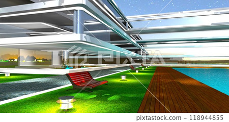 Benches on the grass illuminated by streetlights, facing the pool in the courtyard of a luxurious modern hotel in the evening. 3D rendering. 118944855