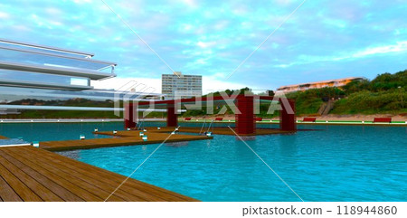 Cozy wooden patio in the water on the grounds of a country hotel located on a sandy oceanfront. 3D rendering. 118944860