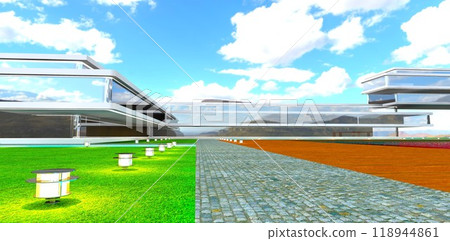 Daytime streetlights on a lawn along a granite pedestrian path in the yard of a high-tech house. Reflection of mountains in the glass facade. 3D rendering. Daytime streetlights on a lawn along a granite pedestrian path in the yard of a high-tech house. Reflection of mountains in the glass facade. 3D rendering. 118944861