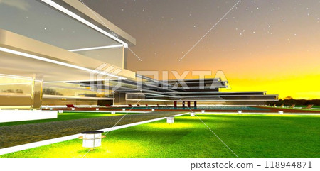 Low-placed street lights on the lawn along the pedestrian paths illuminate the area of a suburban cottage complex in the evening. 3D rendering. 118944871