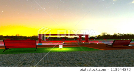 Night ground-level outdoor lamp on the grass between benches. A perfect spot to watch the summer sunrise. 3D rendering. Night ground-level outdoor lamp on the grass between benches. A perfect spot to watch the summer sunrise. 3D rendering. 118944873